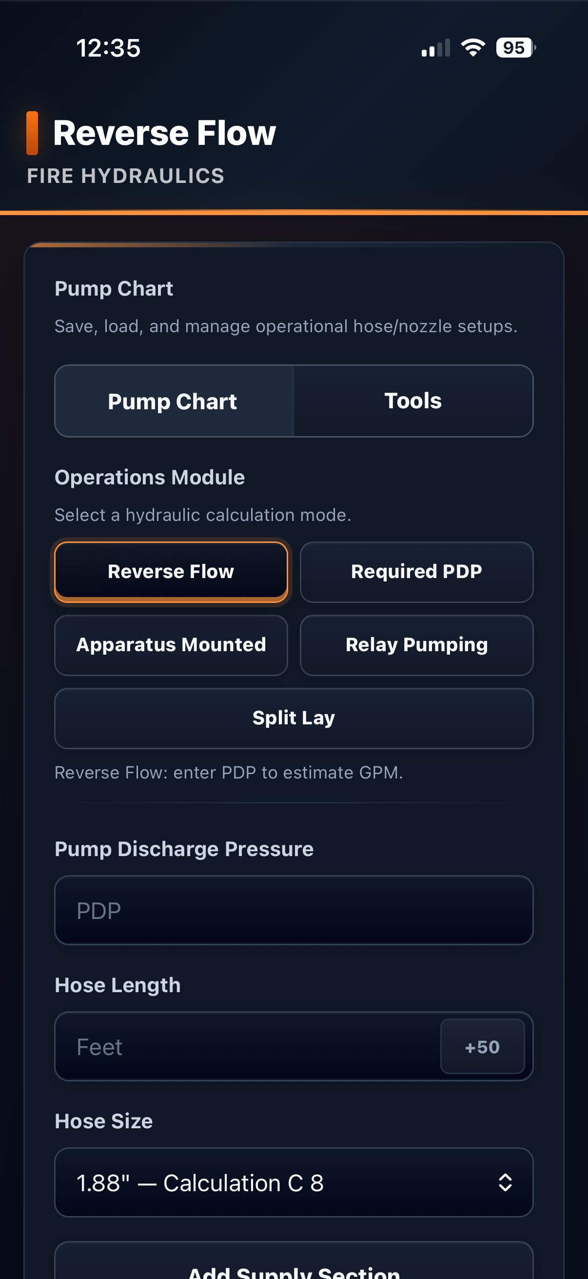 Reverse Flow app screen showing pump chart and hydraulic calculation inputs.