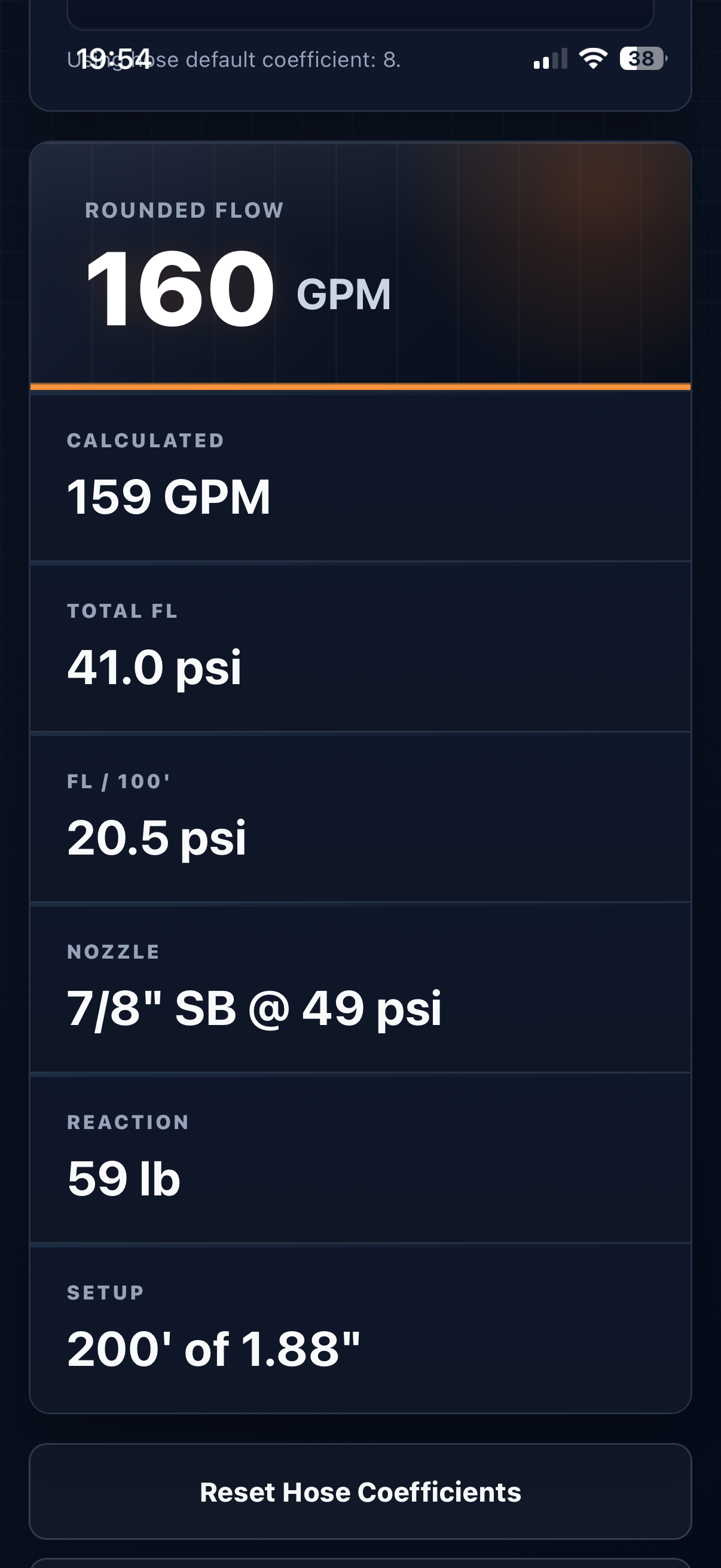 Reverse Flow app screen showing saved pump chart reference details.