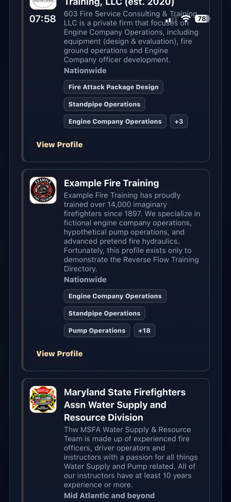 Mobile Training Directory preview with organization cards.