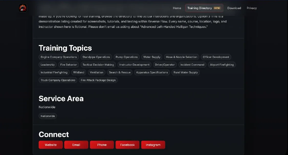 Example profile detail sections with topics, service area, and contact actions.